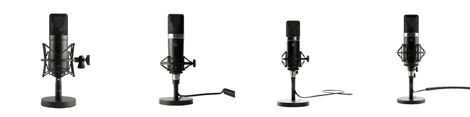 Set of Professional Studio Condenser Microphones with Shock Mounts Isolated on Transparent Background