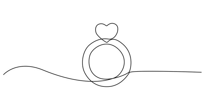 Animated self drawing of Continuous one line drawing of engagement or wedding ring in the gift box. Editable line vector, Diamond engagement ring in open jewelry box