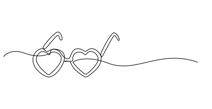 Animated self drawing of Single continuous line drawing glasses in shape hearts. Valentine's Day and love. Fashion and style, party accessories. Swirl curl style. valentine's day