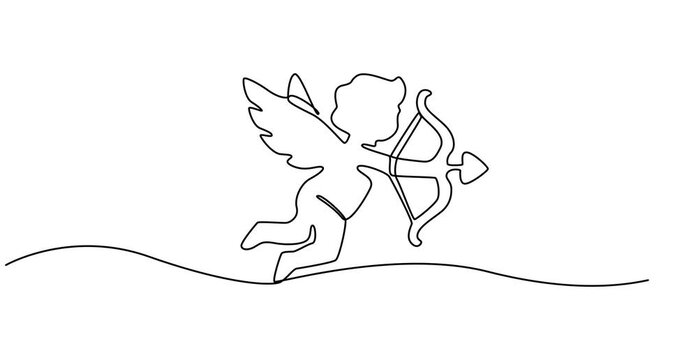 Animated self drawing of Cupid with bow and arrow continuous line drawing.  One line art of love, relationship, lovers, wings, fly, feelings, angel, cupid, protector of lovers, symbolism, valentine.