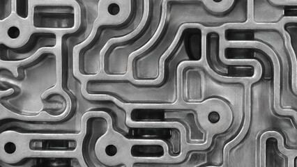 Top view of complex metal part with multiple channels as  pattern, produced by 3D metal printer. Innovative modern metalworking technologies. Additive industrial technologies concept background.