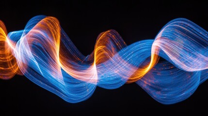 Obraz premium Glowing cable paths flowing fiber optic light trails electric blue orange amber waves long exposure abstract technology deep black background