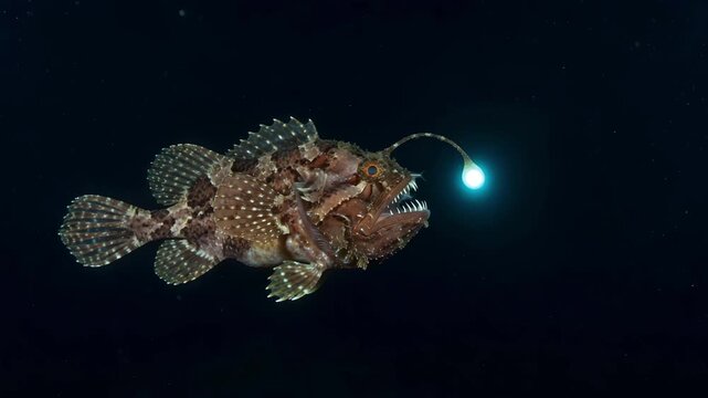 Anglerfish lures small fish with bioluminescent light in deep ocean abyss hunting predator prey 4K Ai HD high quality video.