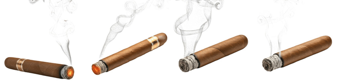 Set of Brown Cigars with Burning Tips and Wisps of Smoke Isolated on Transparent Background
