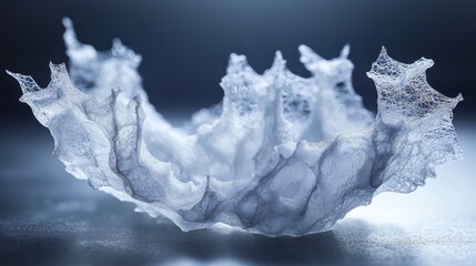 Fototapeta premium Aerogel texture translucent porous microstructure nanoscale framework ultra-lightweight material scientific precision web-like structure blue tinted sample professional studio photography minimalist 