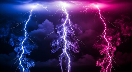 Three colorful lightning bolts striking down from stormy sky with clouds  electric discharge in blue purple and pink hues