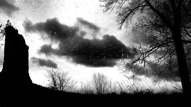 A stark, grayscale landscape with silhouetted trees against a textured, cloudy sky