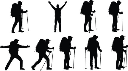 Obraz premium Hiker silhouette set of backpackers with trekking poles for mountain climbing, outdoor adventure, hiking travel, nature camping, and wilderness exploration vector illustration content.