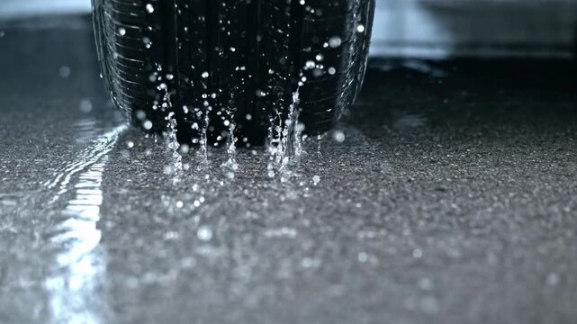 Close-up of a car tire driving through water. The tire treads splash droplets, creating a dynamic sense of motion on the shiny wet road surface.