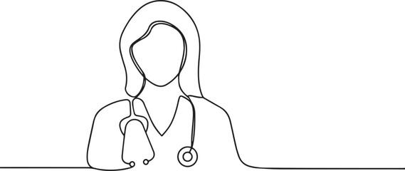 Female doctor one continuous line art, Vector illustration, One line art, Line art graphic style © 99 vector art