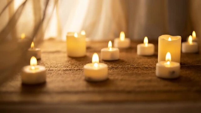 Candles glow softly on wooden surface creating warm ambience. Light filters through fabric curtains. Concept of wellness, relaxation, yoga studio, spa