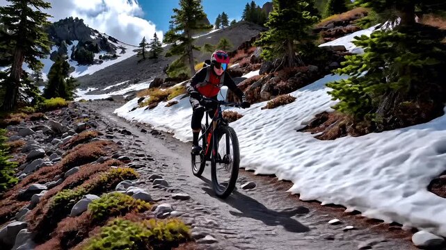 Cardio sports cycling biking exercise, healthy lifestyle. A person wearing a helmet, goggles, gloves, and a bag riding a mountain bike down a snowcovered trail surrounded by stones, plants.