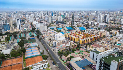 Drone panorama of a classic residential and sports complex area in Jes&uacute;s Mar&iacute;a, Lima during a clear morning.