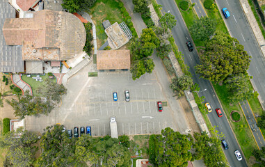 Quiet and empty parking lot seen from above.