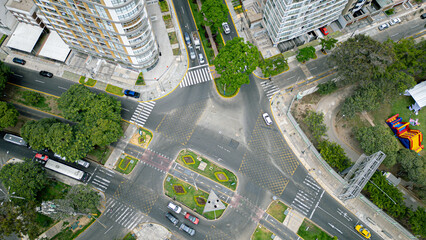 drone shot of city crossroads with pedestrian crossings.