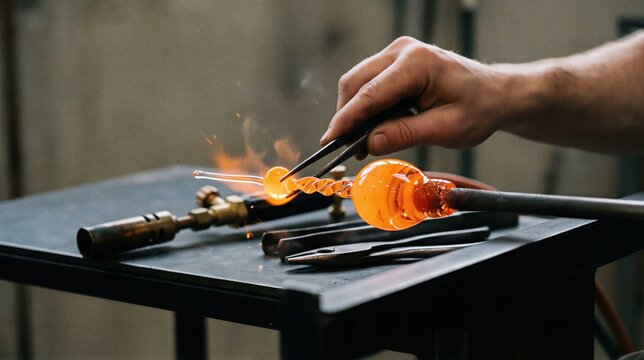 Man working glass with fire and tool. Glassblowing process in professional workshop. Handmade art and craft production.