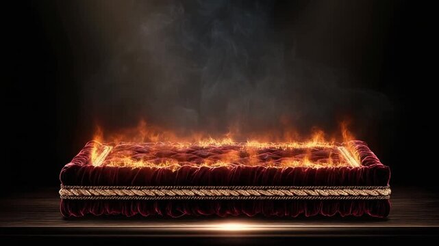 A regal red velvet bed, ablaze with fire, smoke wafting above against a dark backdrop