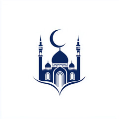 A blue and white drawing of a mosque with a crescent moon on top