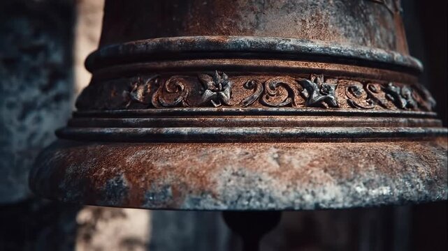 Close-up of antique bell with unique designs and rusty surface. Focus on detailed craftsmanship and texture in historical backdrop. Concept of antique shops, history museums, art galleries