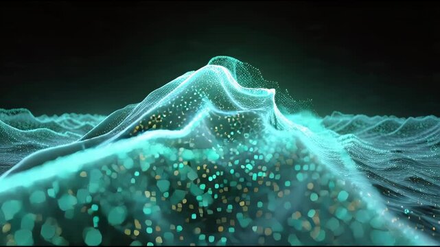 Abstract Digital Ocean Waves with Glowing Particles and Dynamic Movement.