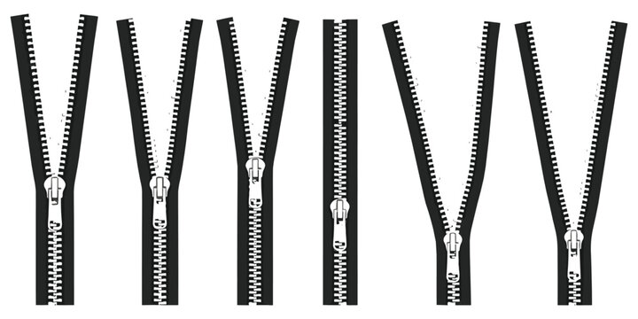 Assortment Of Partially Open Zippers On White Background fastener closure