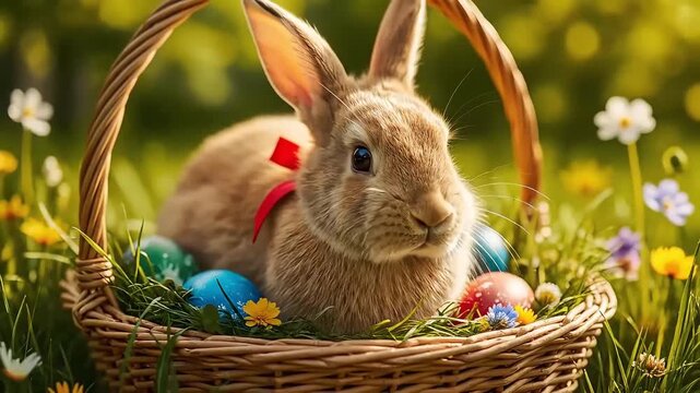 fluffy easter rabbit with red ribbon sitting in wicker basket among bright painted eggs on spring meadow with flowers and sunlight creating cozy holiday atmosphere