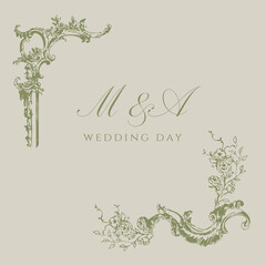 Wedding hand drawn line floral frame. Vintage wedding greenery wreath with birds. Vector illustration botanical decoration elements for wedding invitation, greeting card, vintage label © Ju