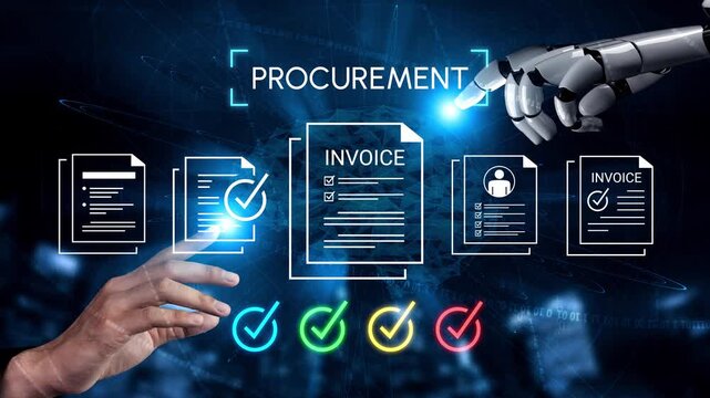 Advanced robotic technology interacting with digital invoices and procurement process highlighting automation, efficiency, and modern business operations Gluon.
