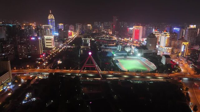 Xining City Center Aerial Night Photography with Illuminated Square