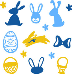 vector set of easter bunnies, hand drawing children's naive style