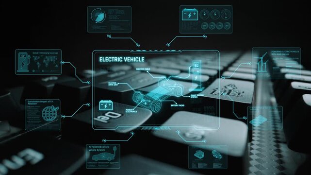 Technical layout of electric vehicle showing battery system, power control, traction motor, charging interface, and integration with renewable and smart energy sources Marrow