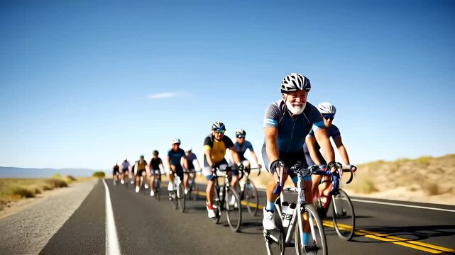 Cardio sports cycling biking exercise, healthy lifestyle. A group of cyclists riding down a road, with a man in the foreground wearing a helmet and sporting a beard.