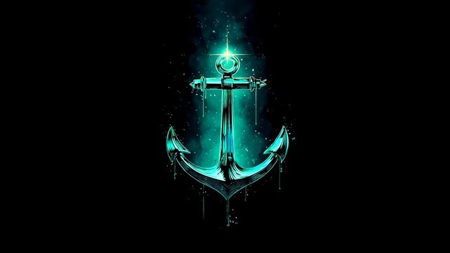Glowing teal anchor graphic, dripping effect, stars, on a stark black background