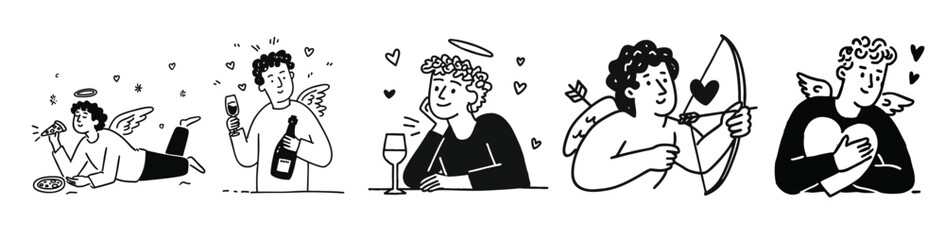 Obraz premium Hand drawn valentine cupid cherub doodle illustrations with hearts wine and pizza for love and romance themes
