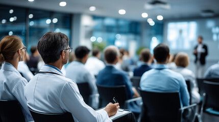 Obraz premium Group of faceless doctors attending seminar, defocused hospital lecture hall, senior physician presentation, medical training session, healthcare education practices, with copy