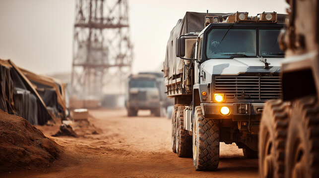 Close-up supply truck being unloaded near military tents, defocused desert base with communication tower towering, logistics operation highlighting, tactical support, with copy