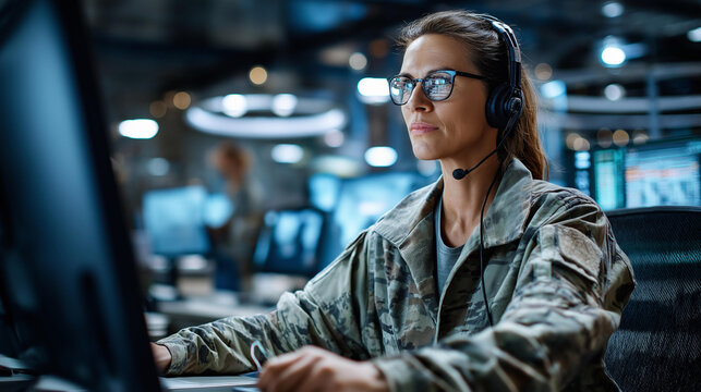 Inside high-tech command center, faceless focused military woman with headphones at control panel, defocused multiple screens, coordinating operations and monitoring activities,