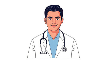 Fototapeta premium Smiling doctor in white coat with stethoscope on plain background