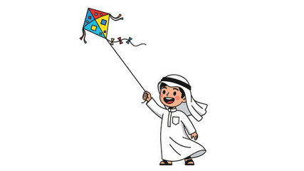 Fototapeta premium Young boy in traditional middle eastern clothing flies colorful kite outdoors