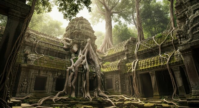 Ancient temple ruin with tree roots integrated into stonework landscape