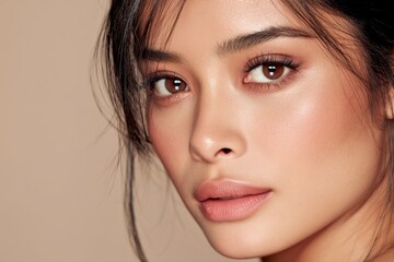 Fototapeta premium A close-up portrait of a woman with flawless skin and soft makeup. Her natural beauty shines through with a warm background. Ideal for beauty, fashion, and skincare projects. AI
