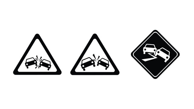 Road warning signs depicting dangerous curves and vehicle crashes silhouette