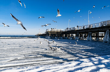 Frozen old wooden pier on the Baltic Sea in Sopot