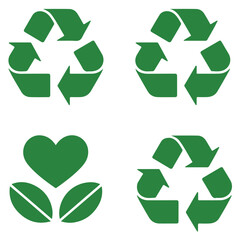 Fototapeta premium Set of four green recycle symbols, including three variations of the classic triangular arrow icon and one symbol featuring a heart above two leaves on transparent background