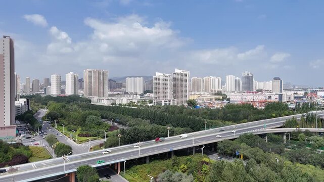 Xining Chaoyang District Aerial View - Traffic Interchange and City Skyline