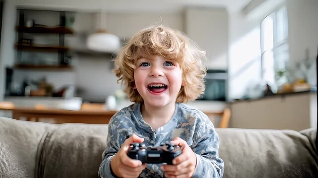 Fun gaming entertainment. A young boy sitting on a couch, intently focused on a video game controller in his hands. The background is slightly blurred.