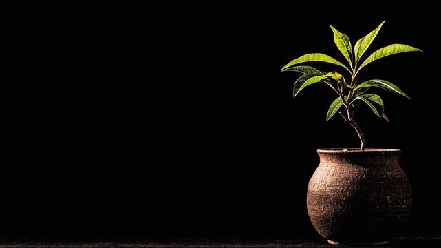 A small plant in a rustic pot is featured against a dramatic black background, with strong lighting
