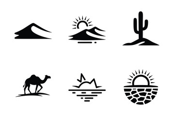 Fototapeta premium Desert Icons: Sand Dunes, Cactus, Camel, Sun, and Arid Landscape