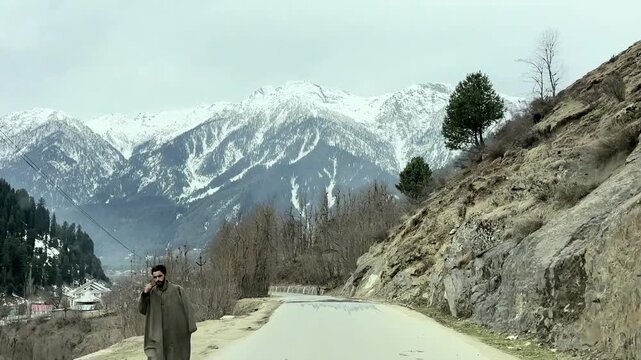 Scenic pathway leading to Betaab Valley surrounded by lush green meadows, pine forests, flowing streams, and Himalayan mountains in Pahalgam, Kashmir.