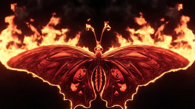 A detailed image of a fiery butterfly surrounded by flames. It is symmetrical and red